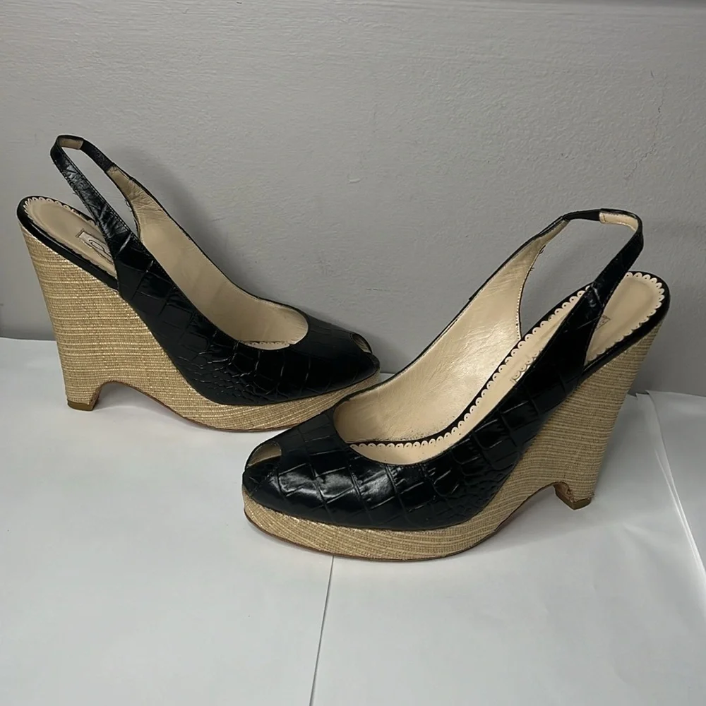 Oscar de la Renta Sz 40 / US 9 Black Crock Leather 5” Linen Wrapped Wedge Heel